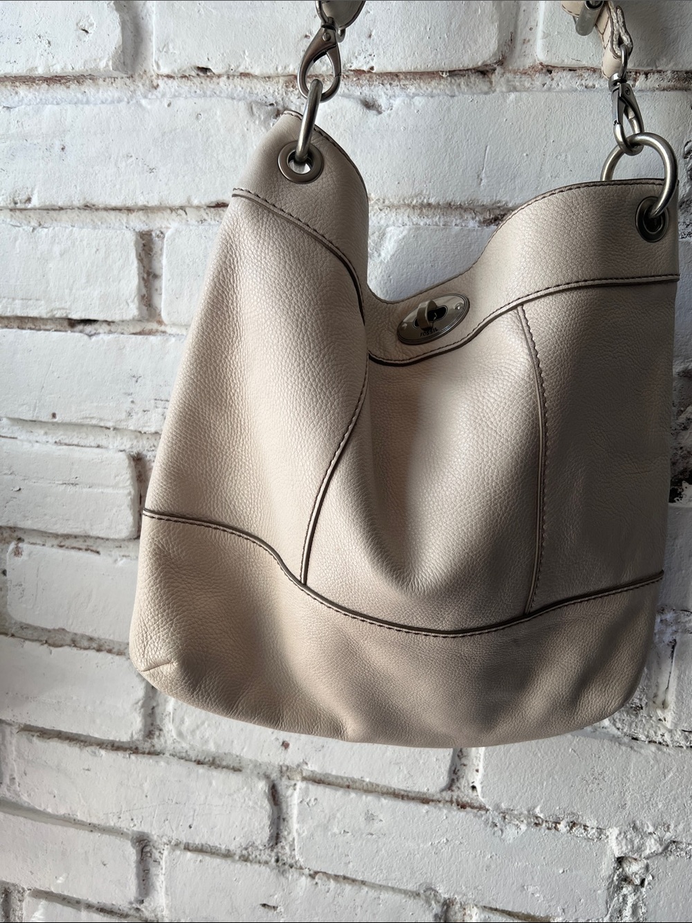 Women's Neutral Leather Shoulder Bag - Beige silver hardware - Picture 2 of 16